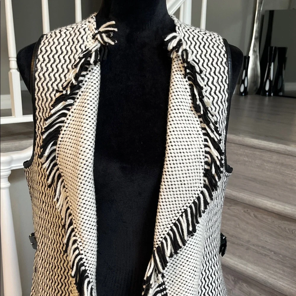 Chico's Black and Winter White Knit Vest with Leather Trim - Picture 2 of 8